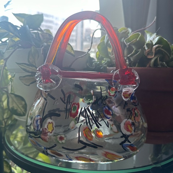 Murano Style Millefiori Purse Art Glass Vase Red Handle - Picture 3 of 5